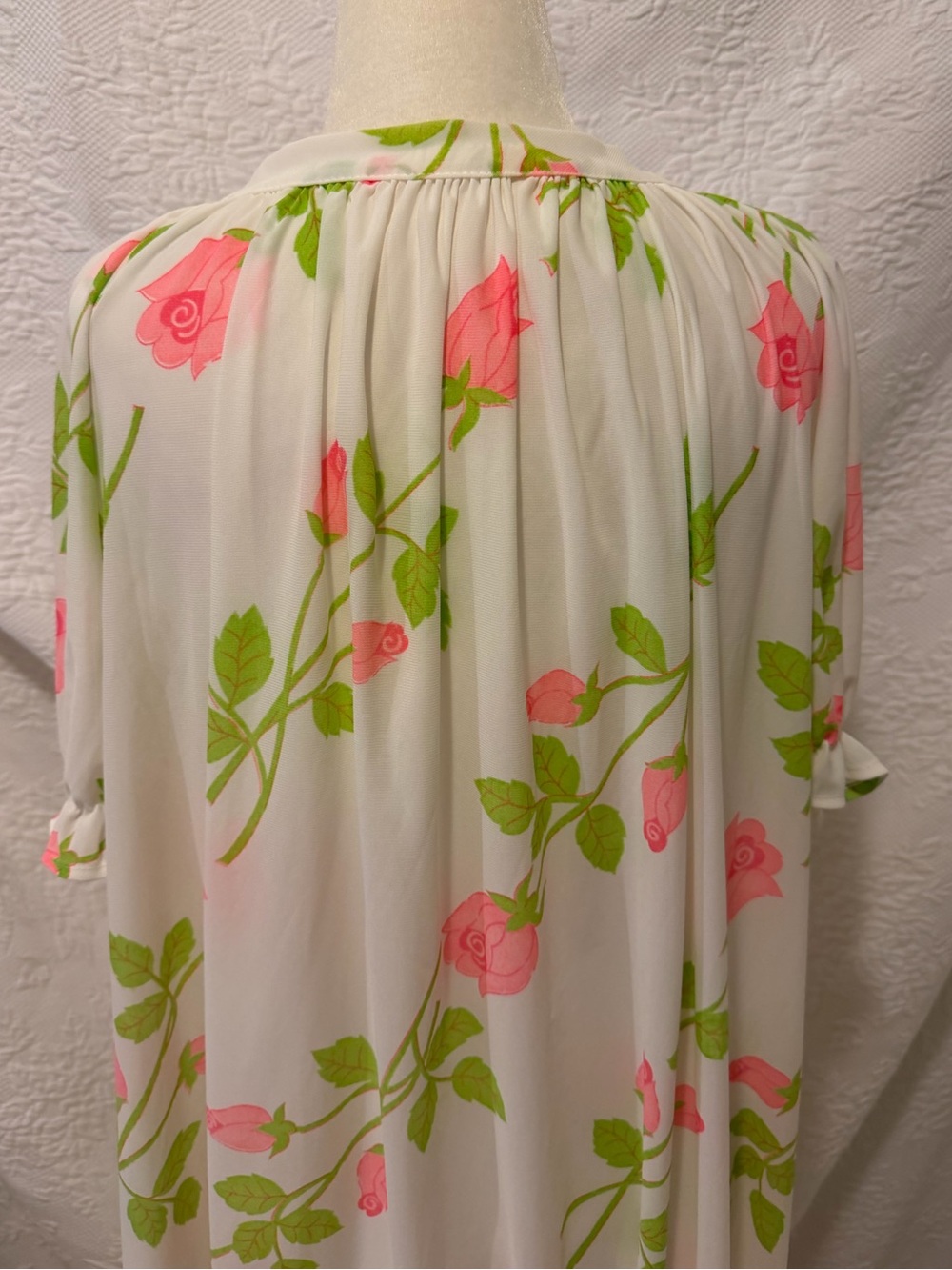 Vintage Floral Peignoir Robe Pink Rose Ivory Sheer Long Dressing Gown Cottagecor - Picture 11 of 14